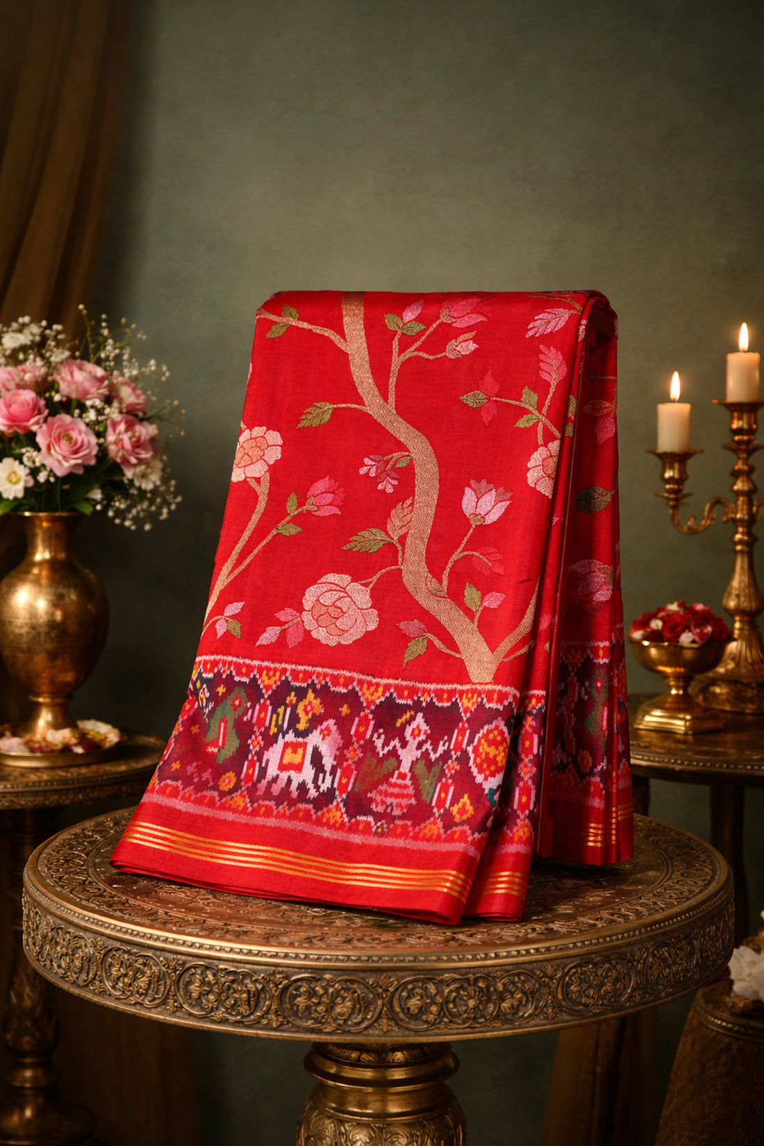 FOUNDER CHOICE 051: Pure Patola Silk Saree in Crimson Red with Floral Vine &amp; Traditional Elephant Motif Pallu
