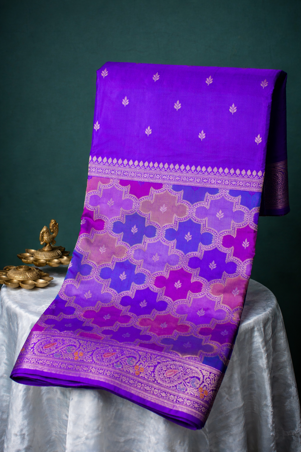 Founder Choice 037: Vibrant Purple Half &amp; Half Pure Handloom Katan Silk Saree with Meenakari Weaving