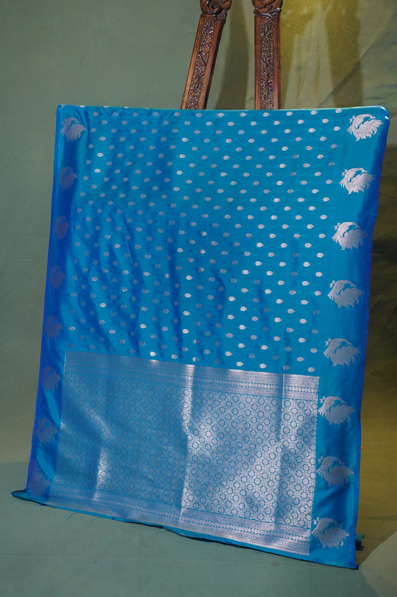UTSAV BANARAS 313 Turquoise Blue Raw Silk Banarasi Saree with Floral Buti &amp; Zari Peacock Border