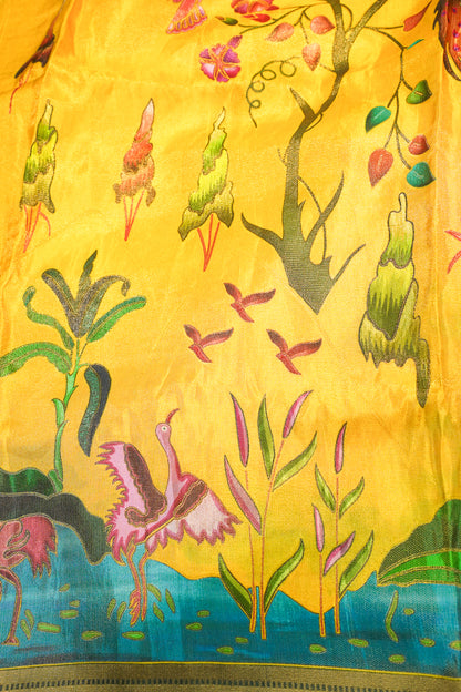 "Waah Banaras 088" Banarasi Vibrant Yellow Meenakari Pashmina Pathni Border Silk Sare
