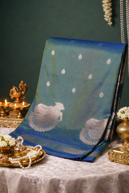UTSAV BANARAS 325:Dual Peacock Green Banarasi raw silk Saree with Small Zari Buti, Zari Pallu &amp; Animal Border
