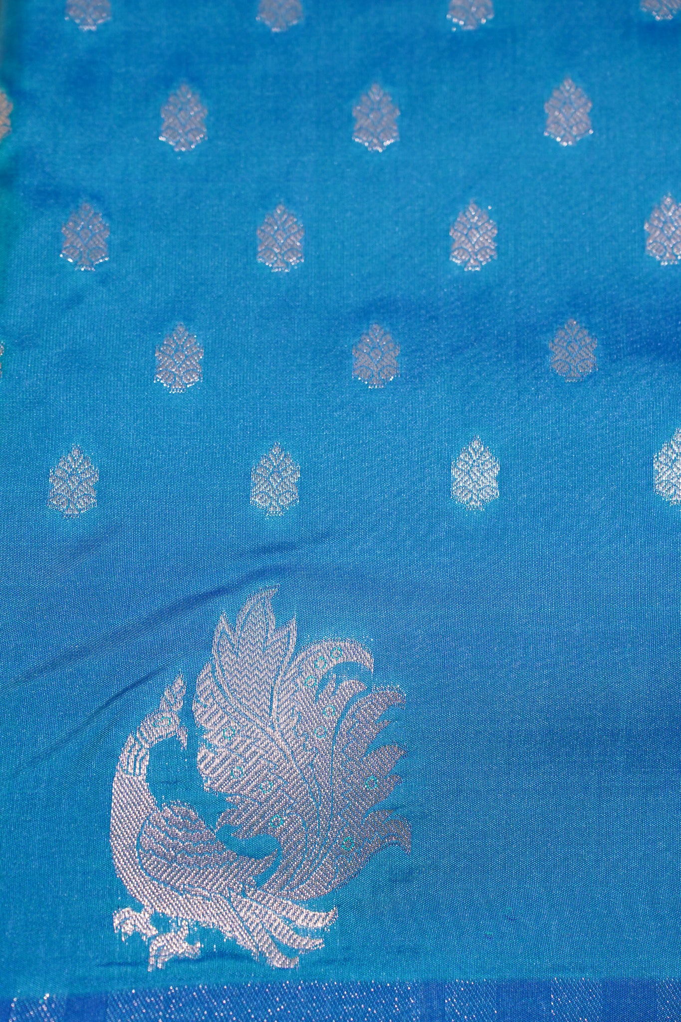 UTSAV BANARAS 313 Turquoise Blue Raw Silk Banarasi Saree with Floral Buti &amp; Zari Peacock Border