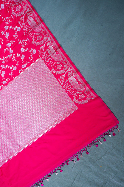 "WAAH BANARAS 116" Banarasi Rani Pink Silk Saree With Sona Rupa Jaal &amp; Peacock Border