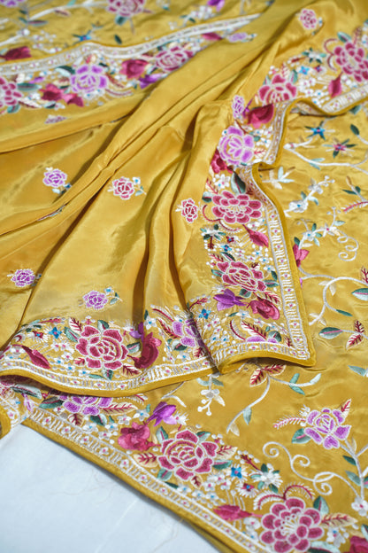 Yellow Pure Crepe Unstitched Salwar Suit Set