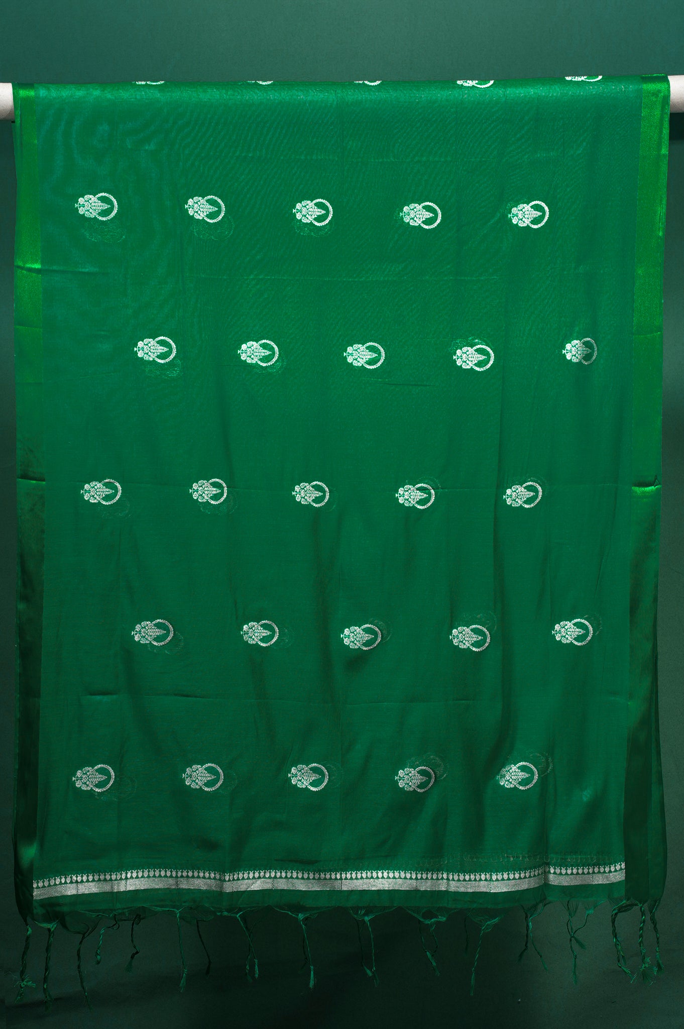 MANSI 116: Forest Green Raw Silk Unstitched Suit Set with Elegant Gold Zari Work