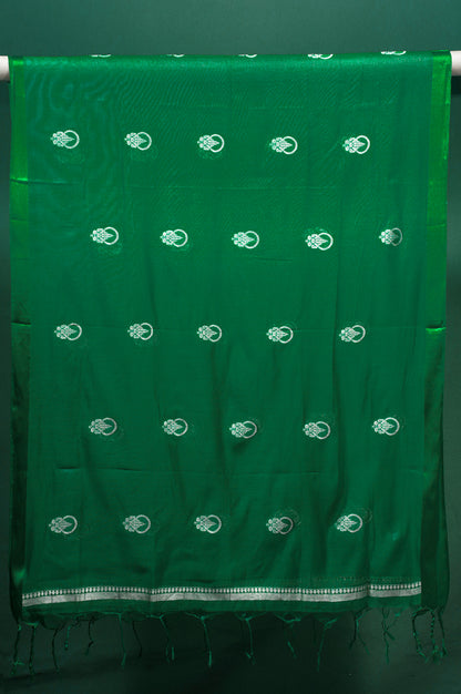 MANSI 116: Forest Green Raw Silk Unstitched Suit Set with Elegant Gold Zari Work
