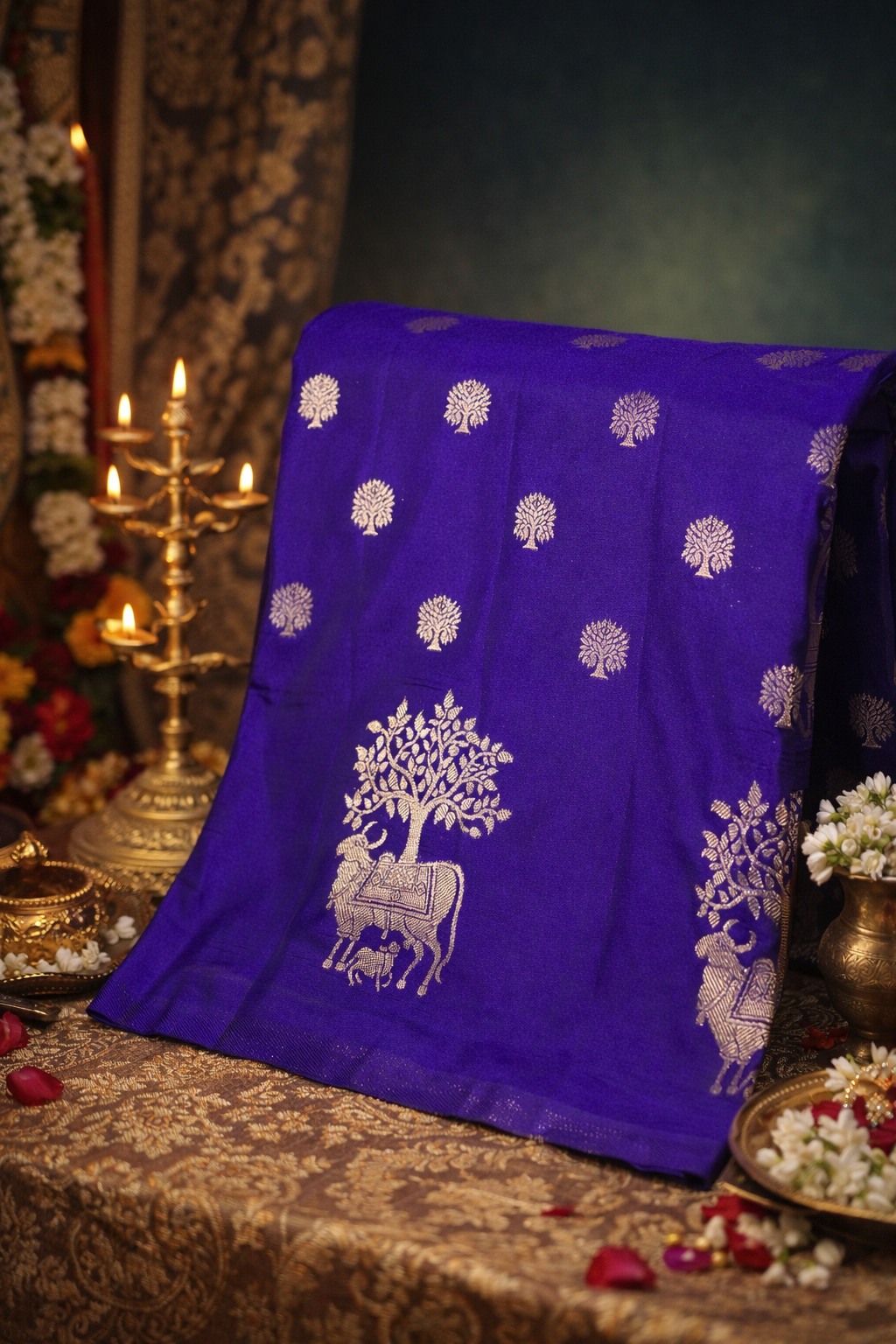 UTSAV BANARAS 326: Deep Violet Banarasi Raw Silk Saree with Small Zari Buti, Zari Pallu &amp; Animal Border