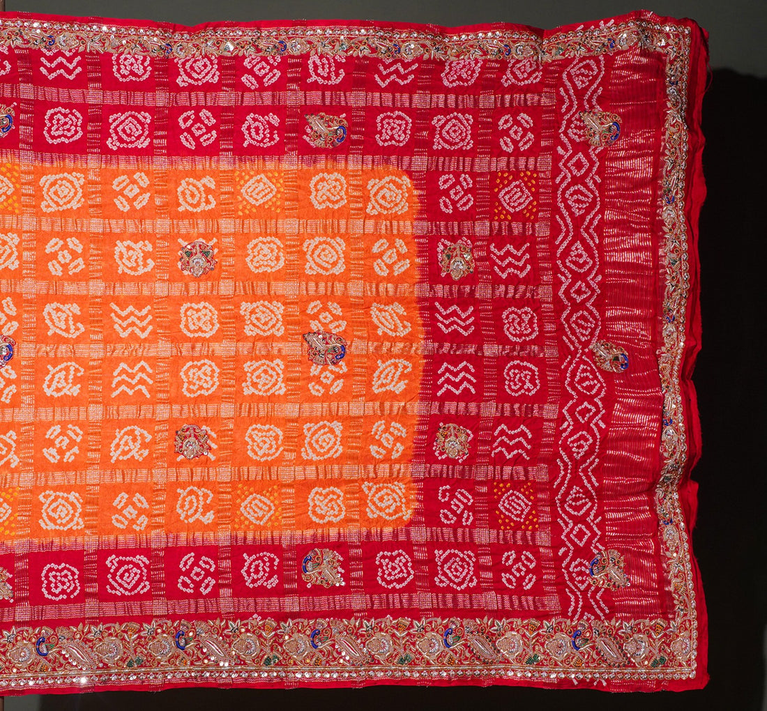 ODHANA 006: Bridal Red &amp; Orange Pure Gajji Silk Bandhani Odhana with Handworked Zari Border