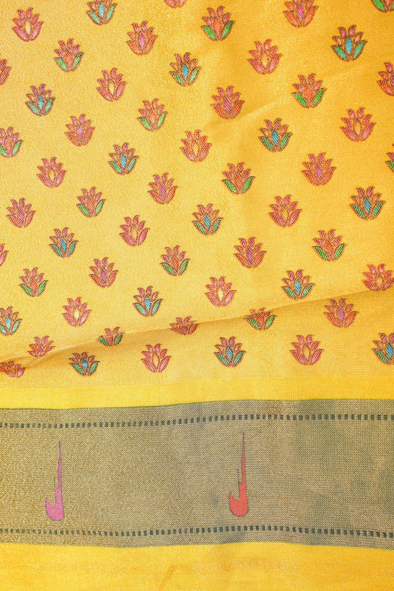 "Waah Banaras 088" Banarasi Vibrant Yellow Meenakari Pashmina Pathni Border Silk Sare