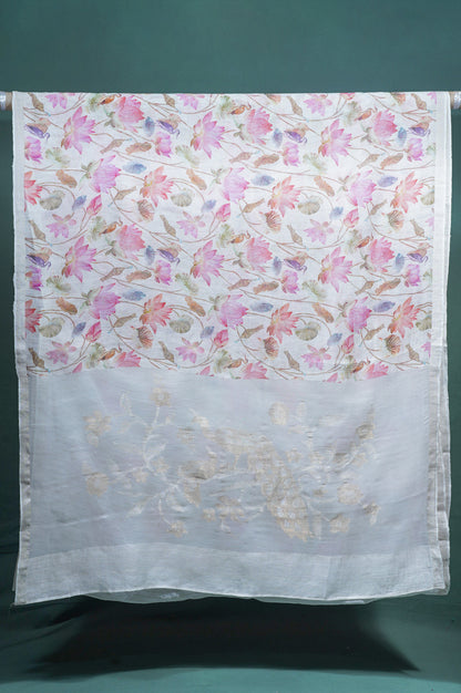 "Founder Choice 026"Banarasi Cream Nature Inspired Jutt Silk Saree With Lotus Floral Print