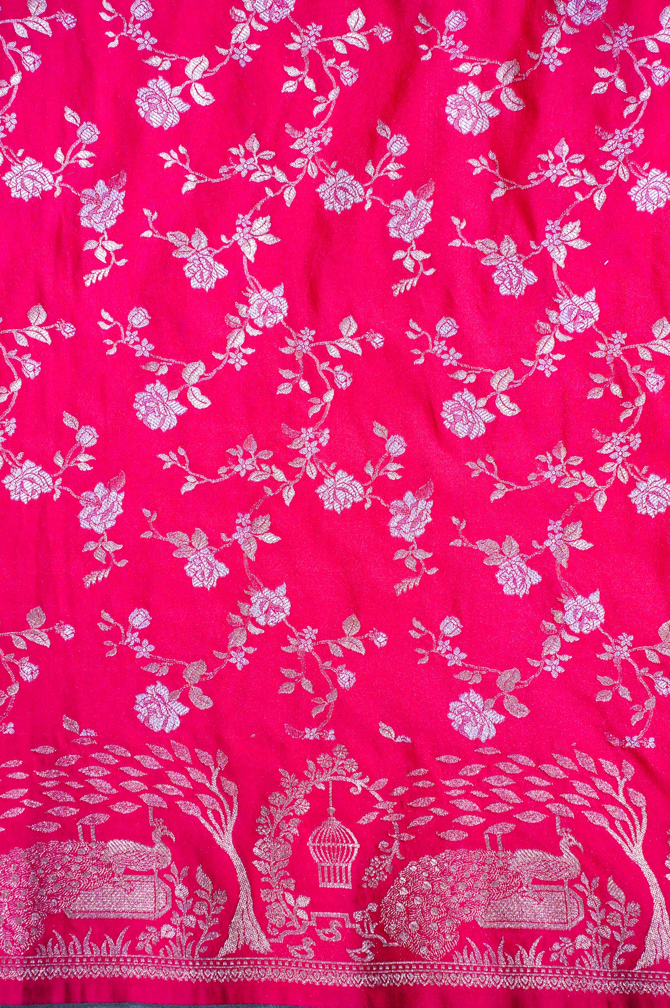 "WAAH BANARAS 116" Banarasi Rani Pink Silk Saree With Sona Rupa Jaal &amp; Peacock Border
