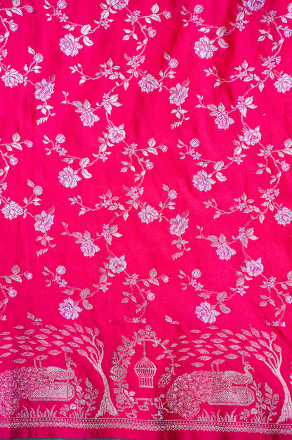 "WAAH BANARAS 116" Banarasi Rani Pink Silk Saree With Sona Rupa Jaal &amp; Peacock Border