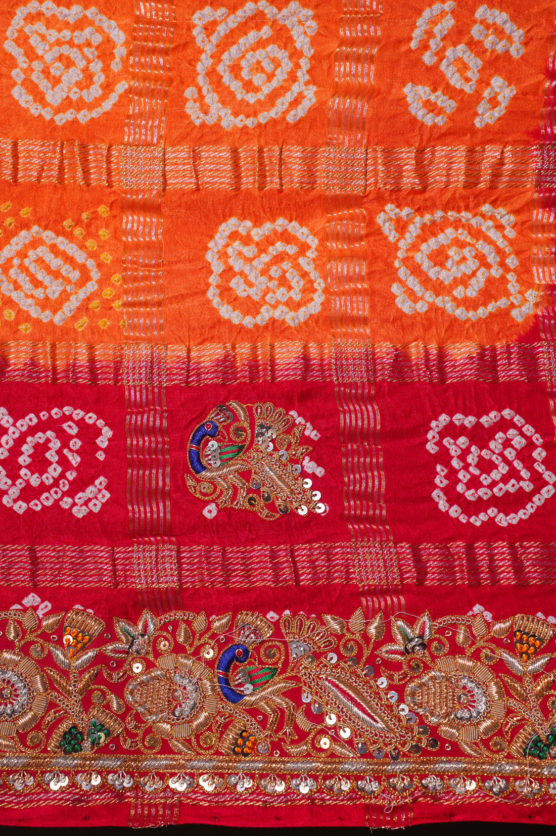 ODHANA 006: Bridal Red &amp; Orange Pure Gajji Silk Bandhani Odhana with Handworked Zari Border
