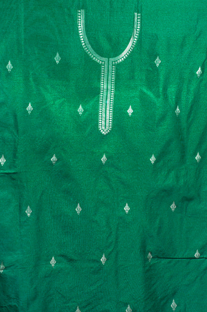 MANSI 116: Forest Green Raw Silk Unstitched Suit Set with Elegant Gold Zari Work