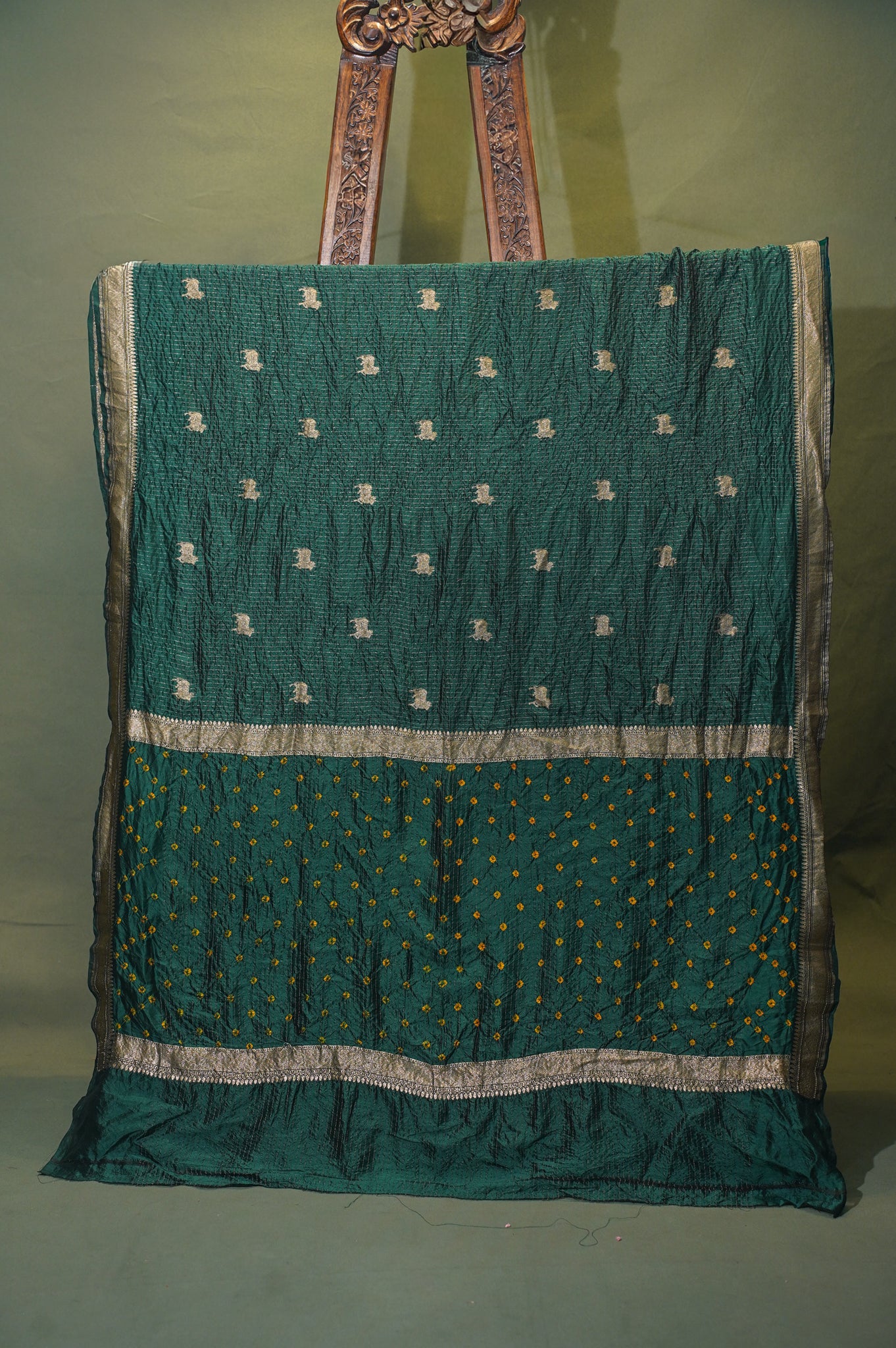 Virasat 350: Emerald Pure Silk Chunari Zari Checks Saree with Animal Motif