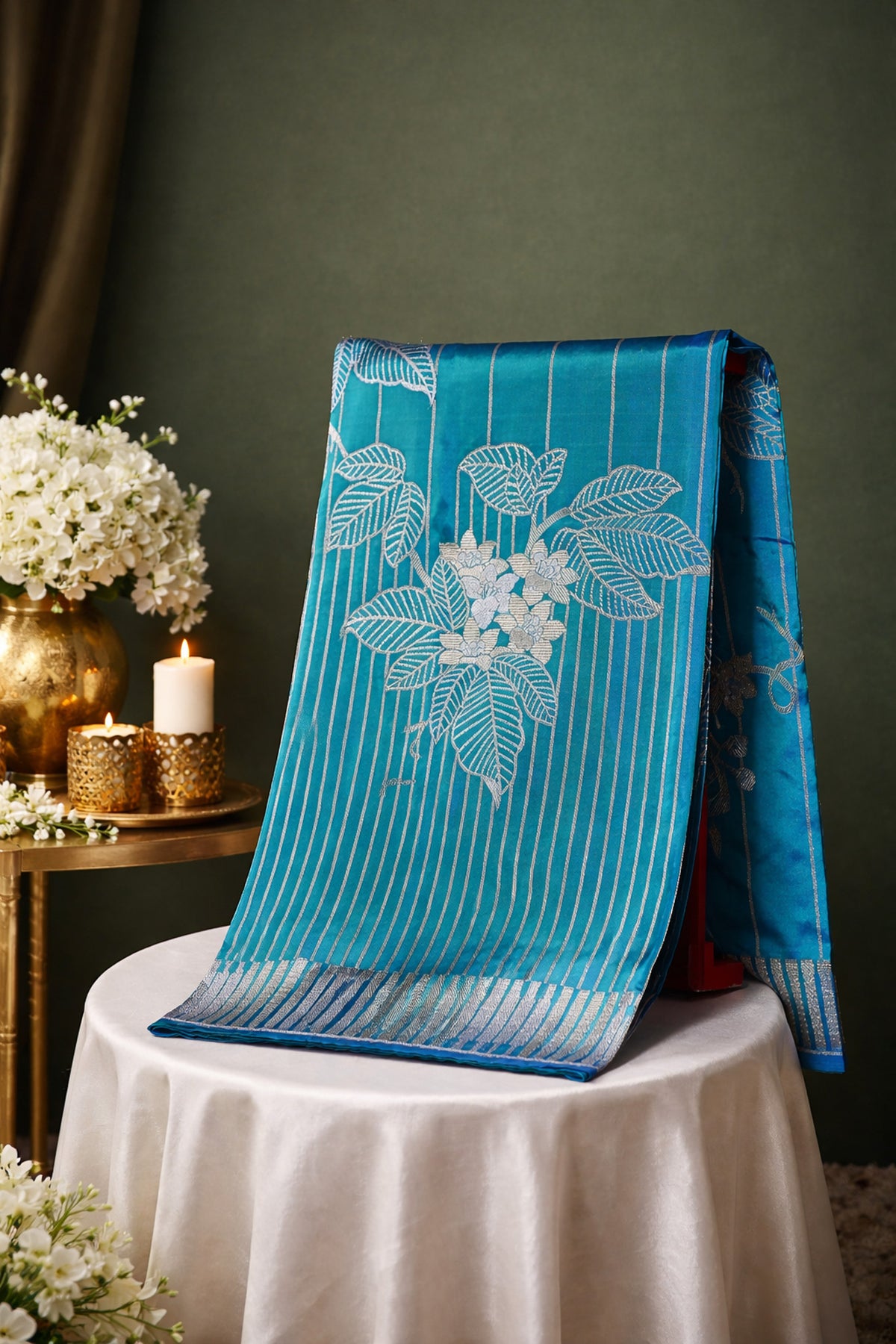FOUNDER CHOICE 047: Turquoise Blue Katan Silk Saree with Silver Zari Floral Vine &amp; Stripe Design