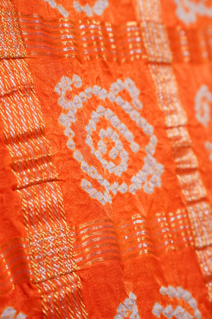 ODHANA 006: Bridal Red &amp; Orange Pure Gajji Silk Bandhani Odhana with Handworked Zari Border