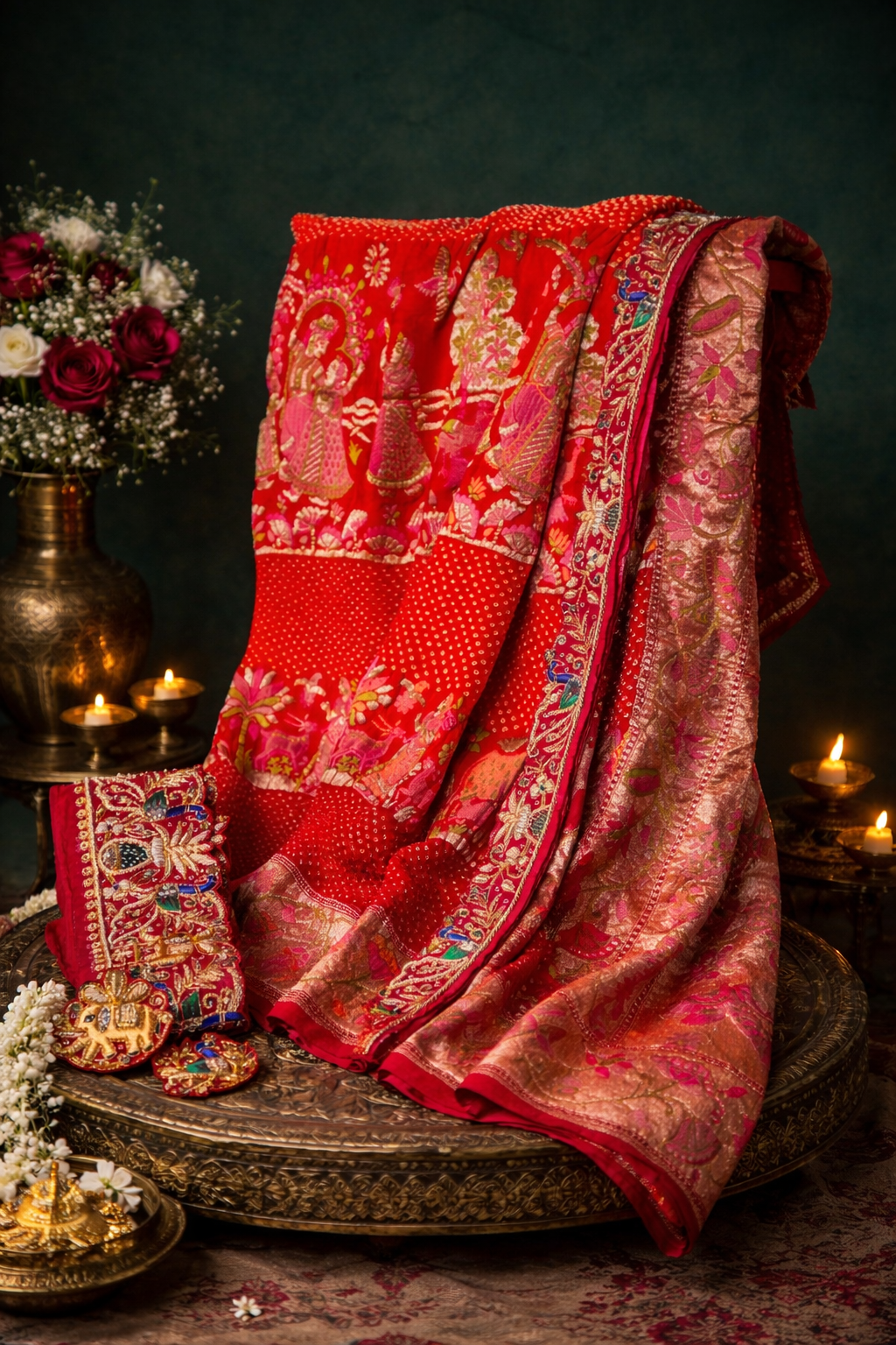 Founder Choice 045: Pure Bandhani Gajji Silk Saree with Meenakari Body, Bird Floral Border &amp; Zardozi Belt (Silk Certified)