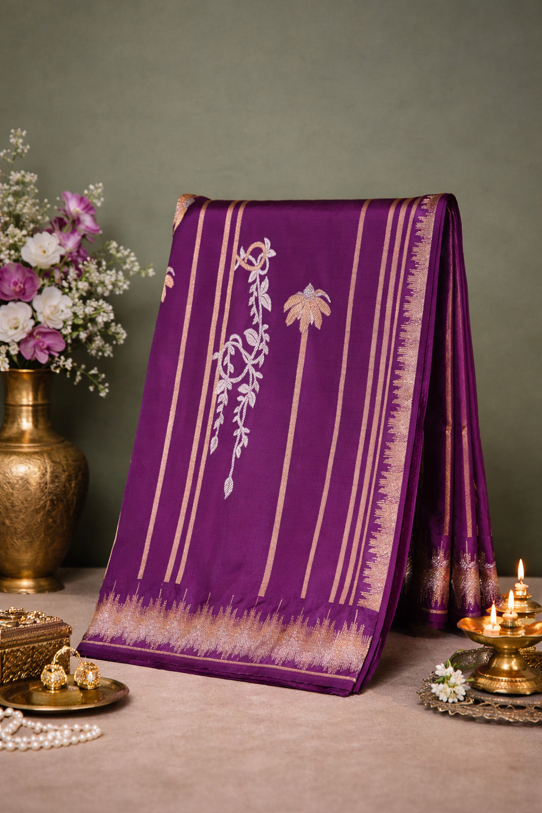 FOUNDER CHOICE 049: Elegant Purple Katan Silk Saree with Silver Zari Elephant &amp; Floral Jaal Design