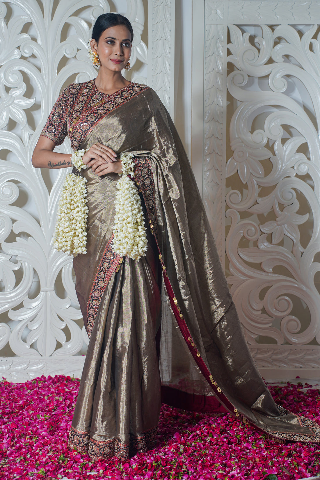 "VIRASAT 146" Grey Banarasi Silk Saree With Embroidery