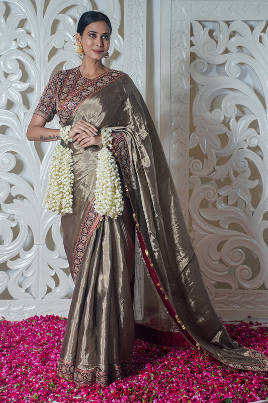 Grey Banarasi Silk Saree with embroidery