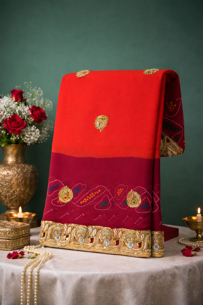 ODHANA 016 Vibrant Vermilion Red Handcrafted Khaddi Georgette Odhana with Traditional Bandhani &amp; Zari Border