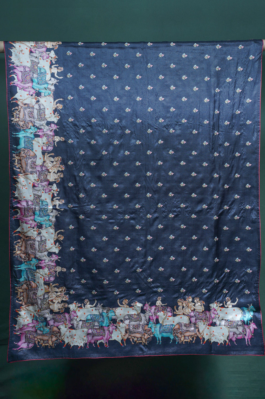 "Founder Choice 012" Banarasi Carbon Color Artistic Handwork Pure Silk Saree With Pichwai Cow Motifs