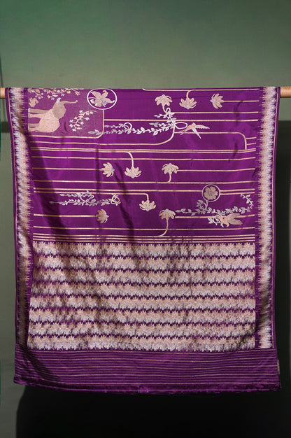FOUNDER CHOICE 049: Elegant Purple Katan Silk Saree with Silver Zari Elephant &amp; Floral Jaal Design