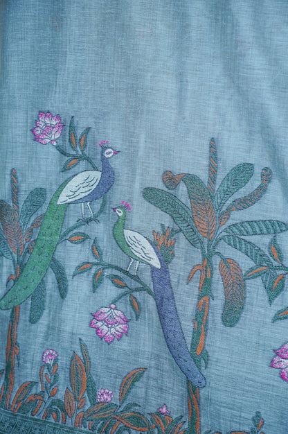 "UTSAV BANARAS 303" Banarasi Grey Chanderi Jamdani Silk Saree with Peacock Narrative Pallu