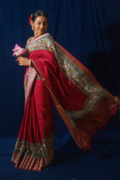 Red Natural Moonga Georgette Saree with Handloom Border