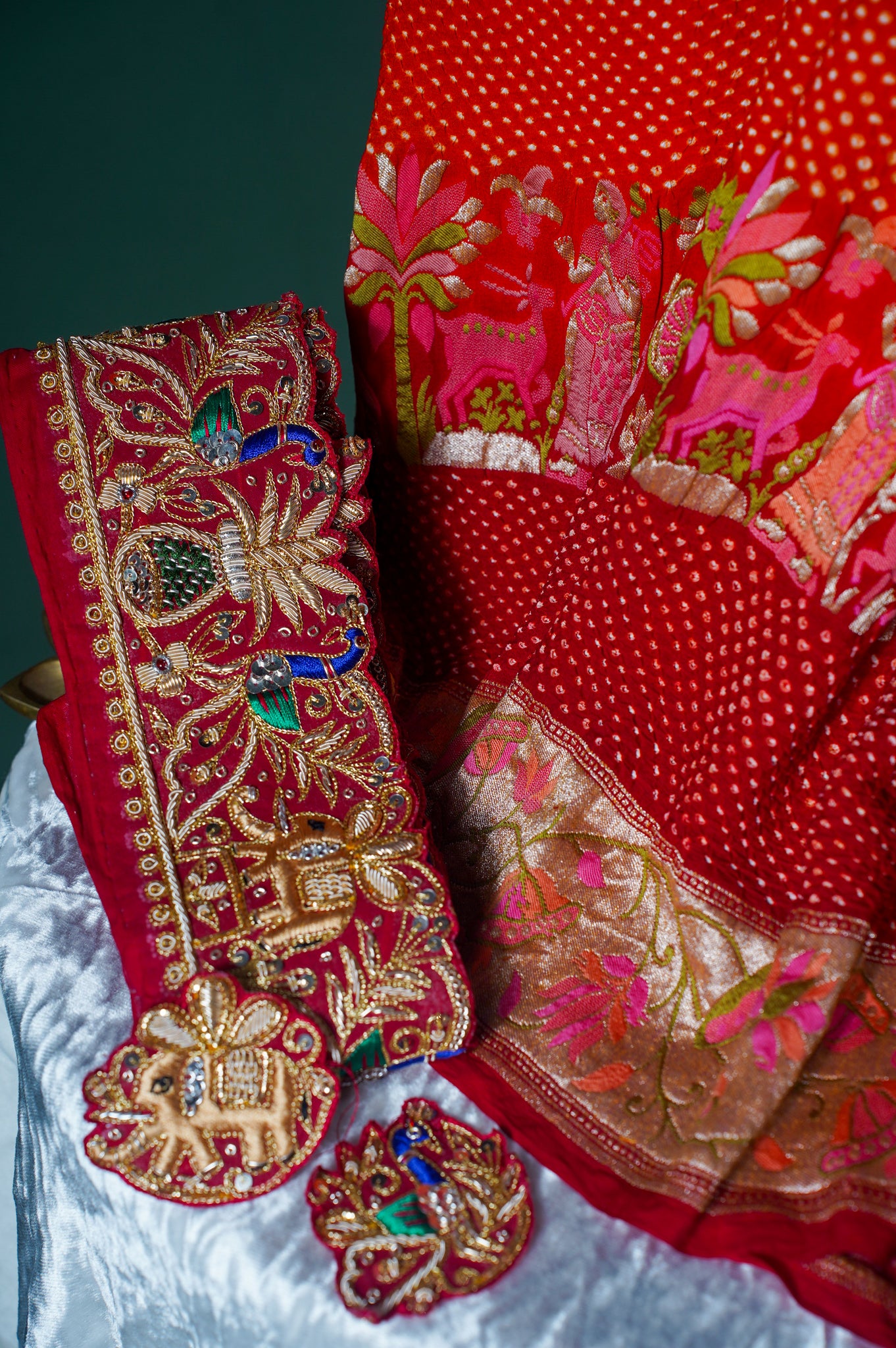Founder Choice 045: Pure Bandhani Gajji Silk Saree with Meenakari Body, Bird Floral Border &amp; Zardozi Belt (Silk Certified)