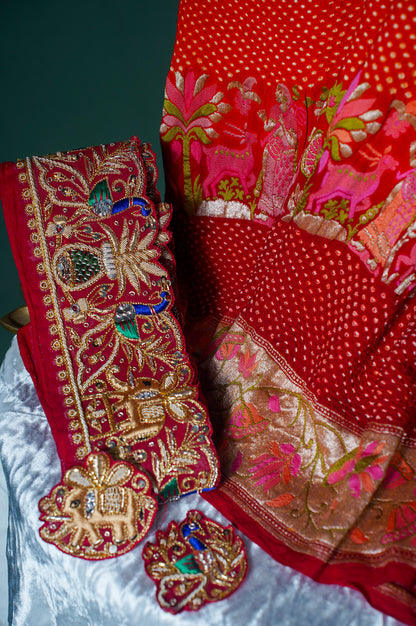 Founder Choice 045: Pure Bandhani Gajji Silk Saree with Meenakari Body, Bird Floral Border &amp; Zardozi Belt (Silk Certified)