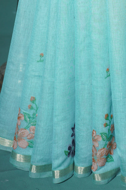"UTSAV BANARAS 302" Banarasi Sea Green Chanderi Jamdani Silk Saree with Scalloped Floral Pallu