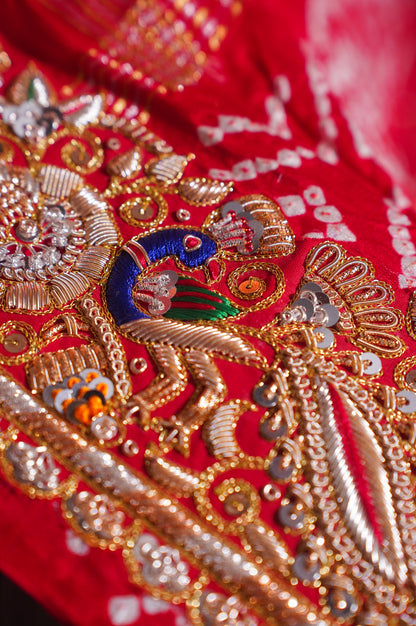 ODHANA 006: Bridal Red &amp; Orange Pure Gajji Silk Bandhani Odhana with Handworked Zari Border