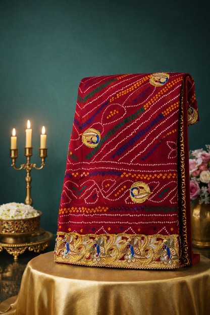 ODHANA 018 Deep Red with Multicolor Traditional Marwari Bandhani Khaddi Georgette Odhana with Zari Border