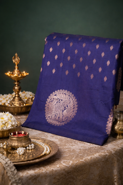 UTSAV BANARAS 327: Indigo Banarasi Raw Silk Saree with Small Zari Buti, Zari Pallu &amp; Mandala Border