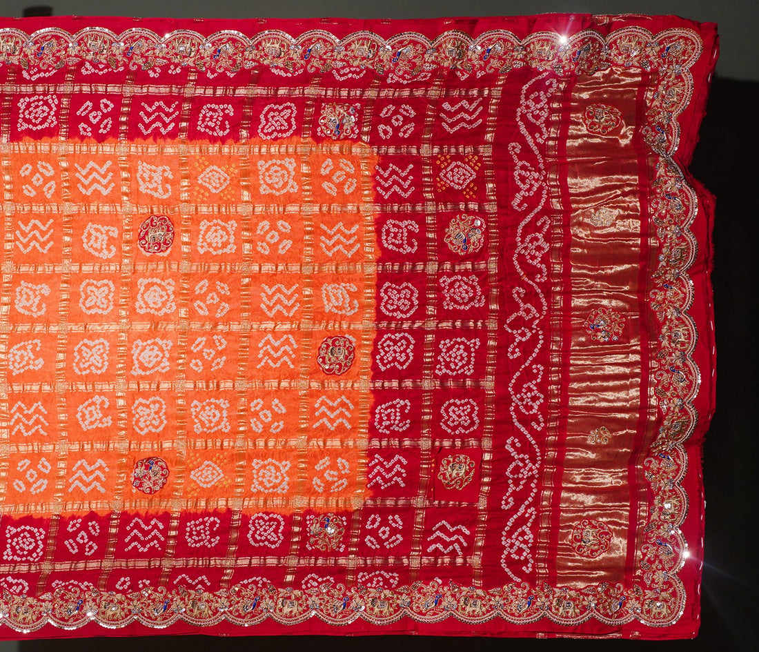 ODHANA 007: Pure Red &amp; Orange Pure Gajji Silk Gharchola Odhana with Handworked Scallop Zari Border