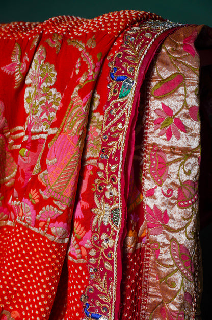 Founder Choice 045: Pure Bandhani Gajji Silk Saree with Meenakari Body, Bird Floral Border &amp; Zardozi Belt (Silk Certified)
