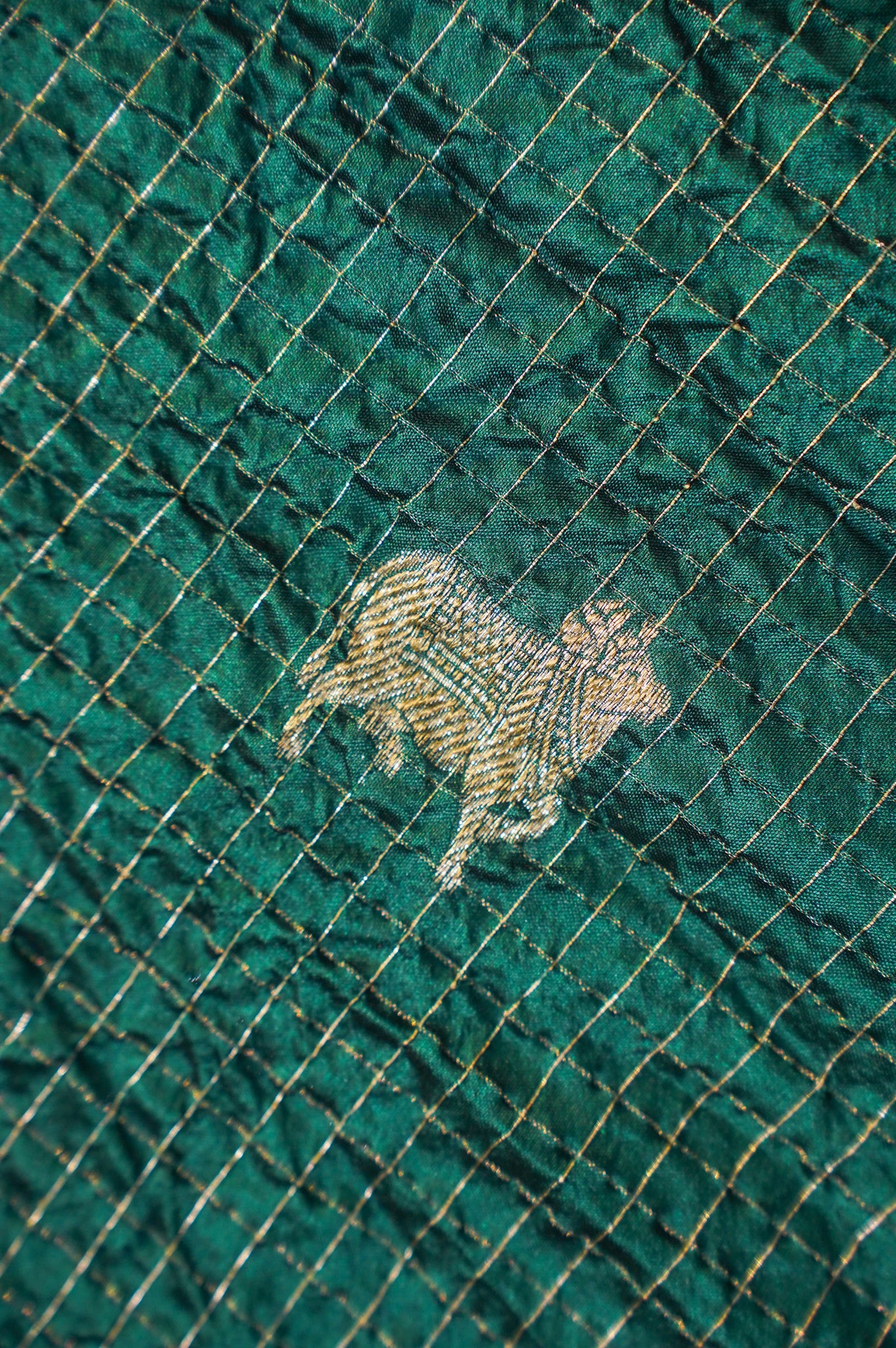 Virasat 350: Emerald Pure Silk Chunari Zari Checks Saree with Animal Motif
