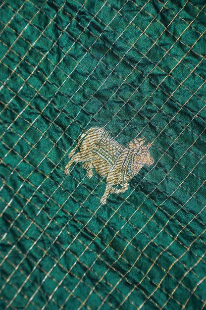 Virasat 350: Emerald Pure Silk Chunari Zari Checks Saree with Animal Motif