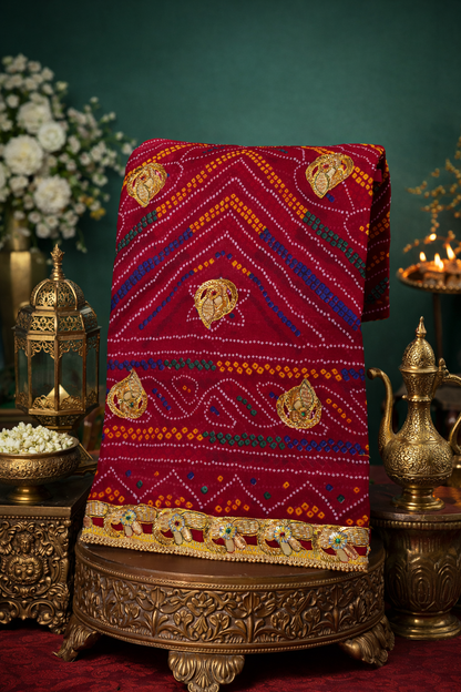 ODHANA 017: Classic Auspicious Red with Multicolor Traditional Marwari Bandhani Khaddi Georgette Odhana with Zari Work Border