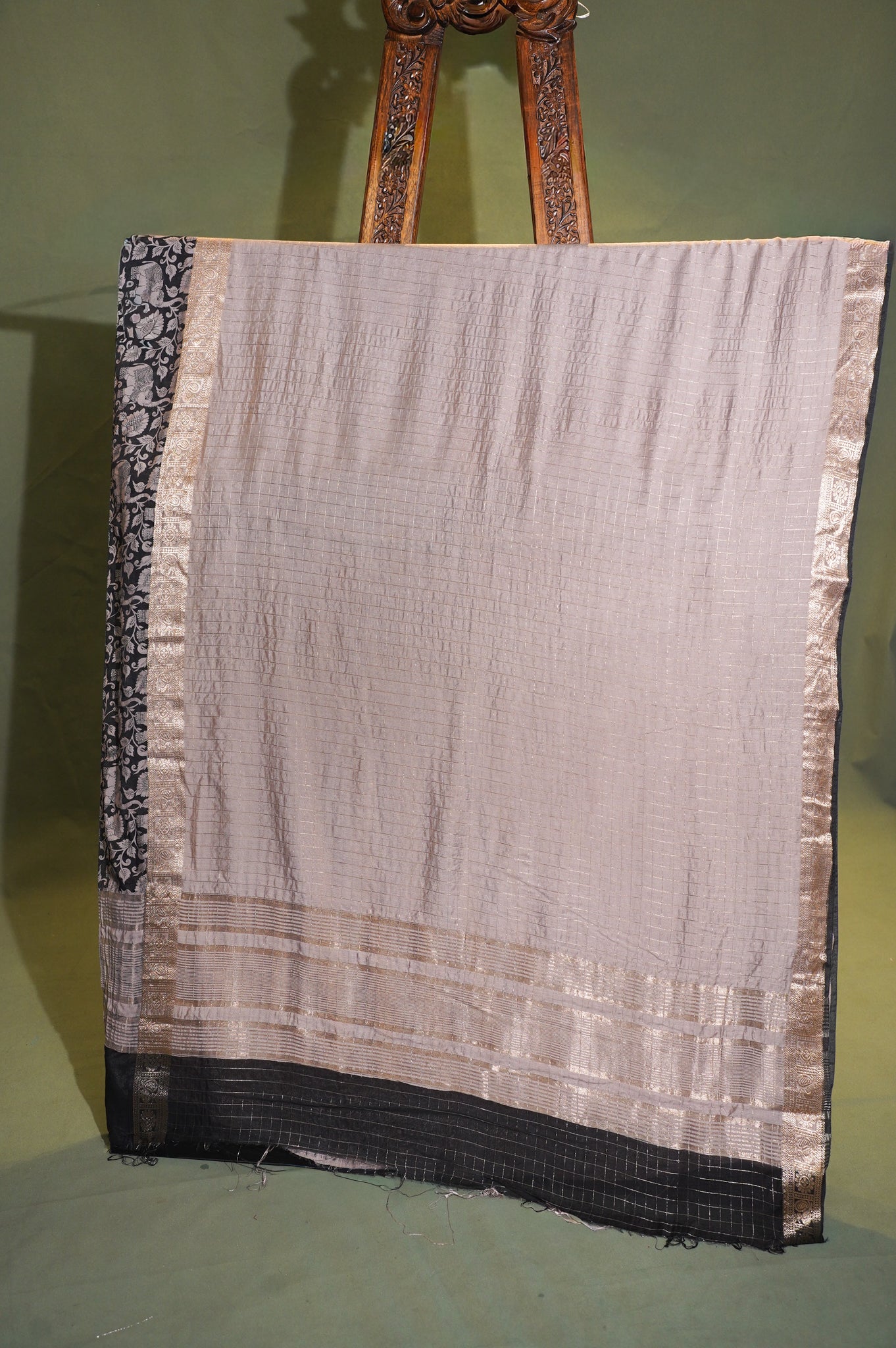 Utsav Banaras 316 Silver Grey Raw Silk Saree with Zari Checks &amp; Floral Border