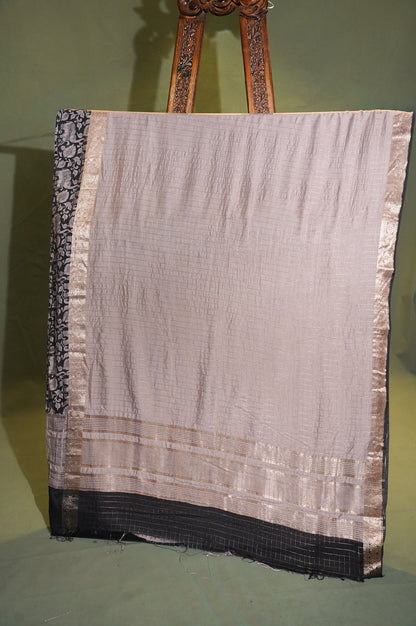 Utsav Banaras 316 Silver Grey Raw Silk Saree with Zari Checks &amp; Floral Border