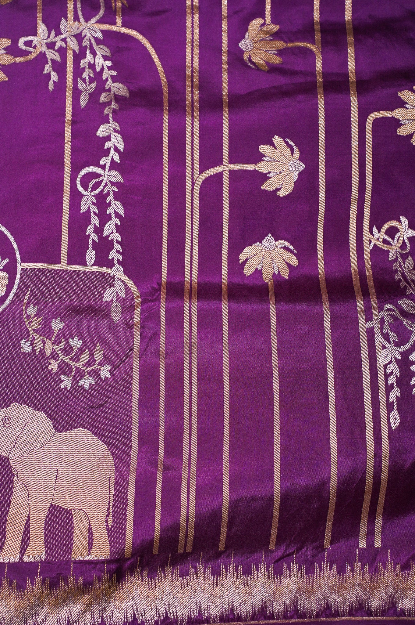 FOUNDER CHOICE 049: Elegant Purple Katan Silk Saree with Silver Zari Elephant &amp; Floral Jaal Design