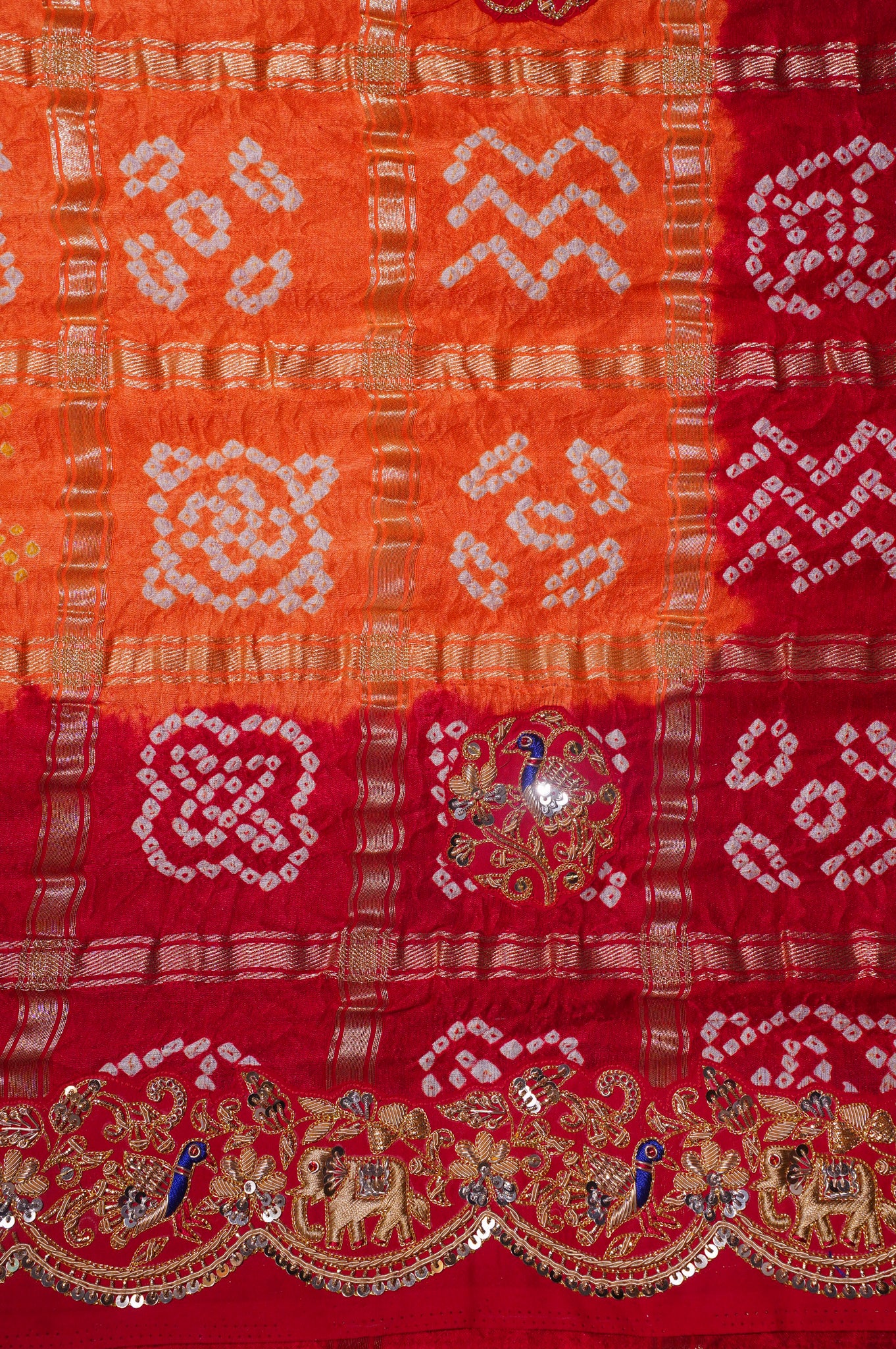 ODHANA 007: Pure Red &amp; Orange Pure Gajji Silk Gharchola Odhana with Handworked Scallop Zari Border