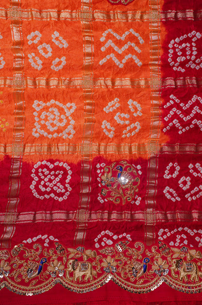 ODHANA 007: Pure Red &amp; Orange Pure Gajji Silk Gharchola Odhana with Handworked Scallop Zari Border