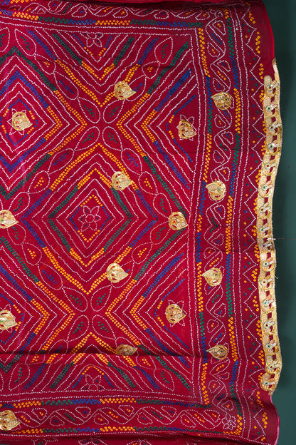 ODHANA 018 Deep Red with Multicolor Traditional Marwari Bandhani Khaddi Georgette Odhana with Zari Border