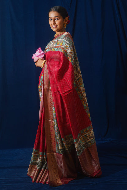 Red Natural Moonga Georgette Saree with Handloom Border