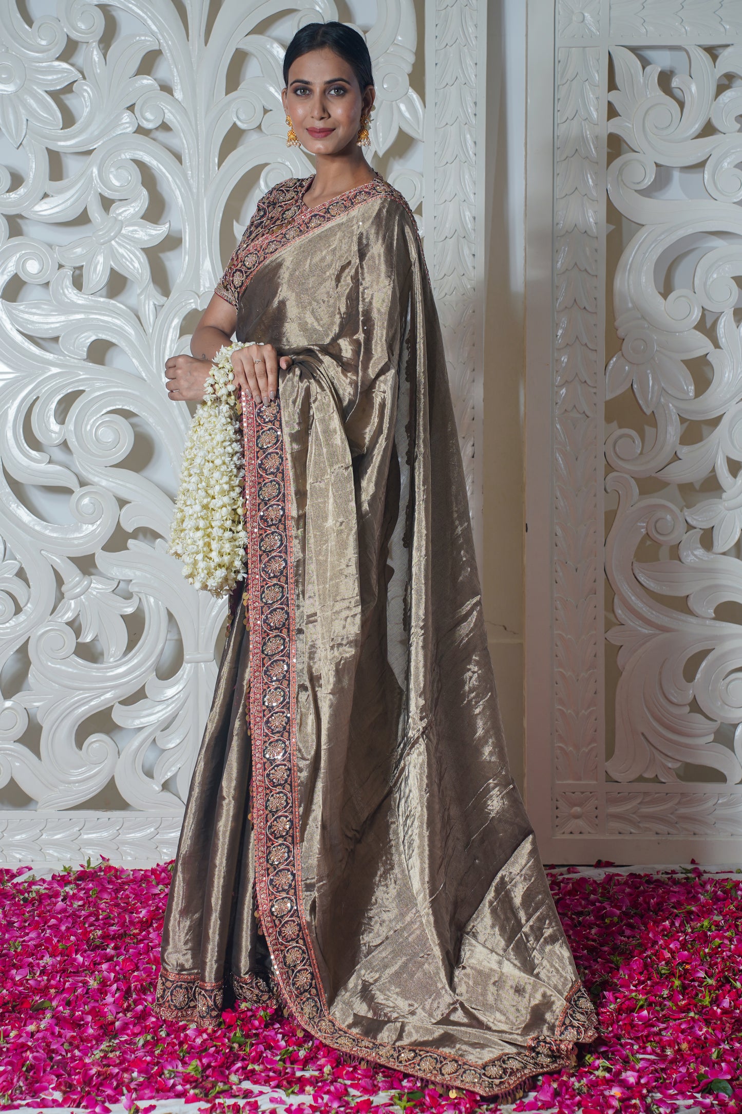 Grey Banarasi Silk Saree with embroidery