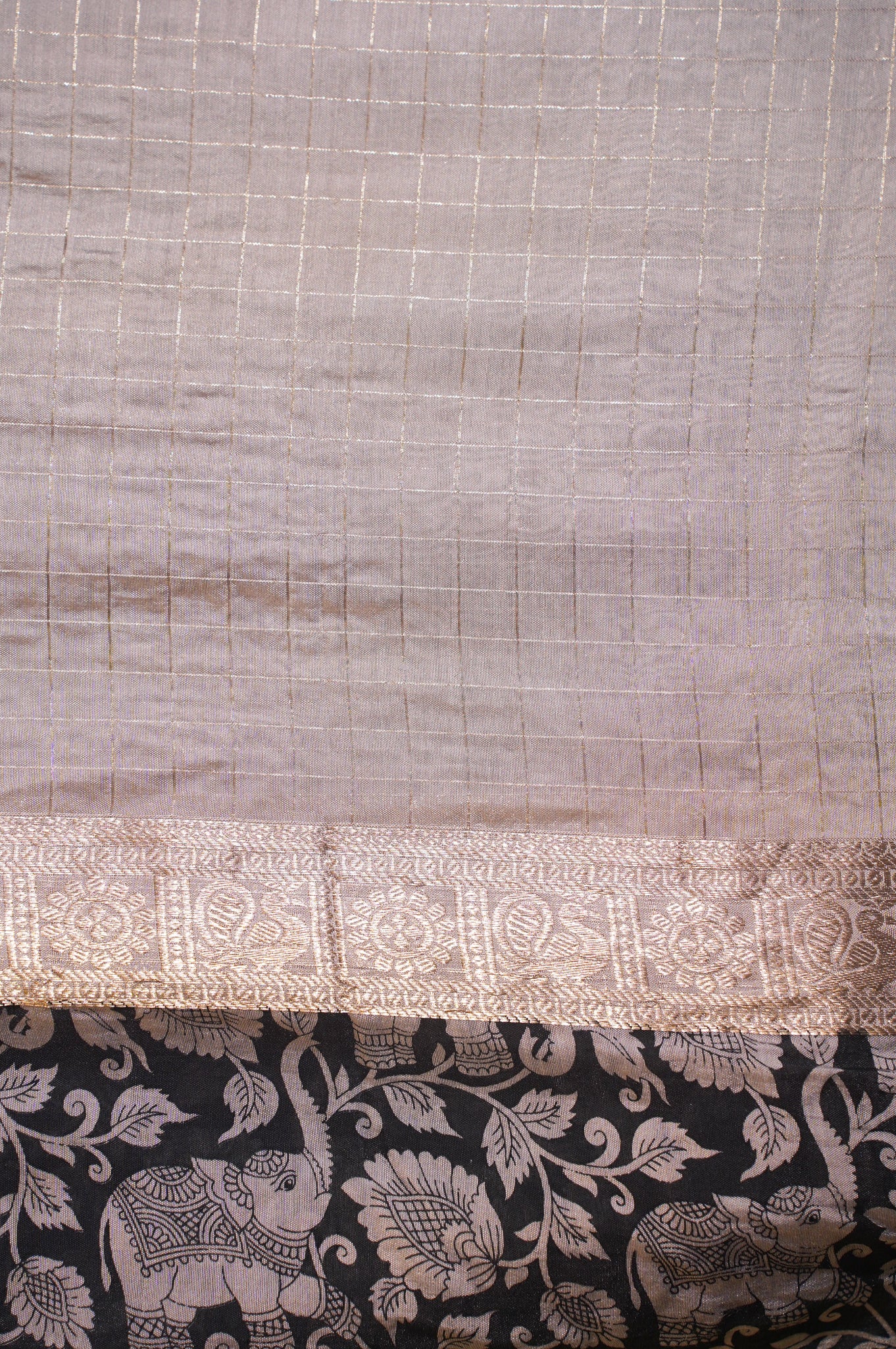 Utsav Banaras 316 Silver Grey Raw Silk Saree with Zari Checks &amp; Floral Border